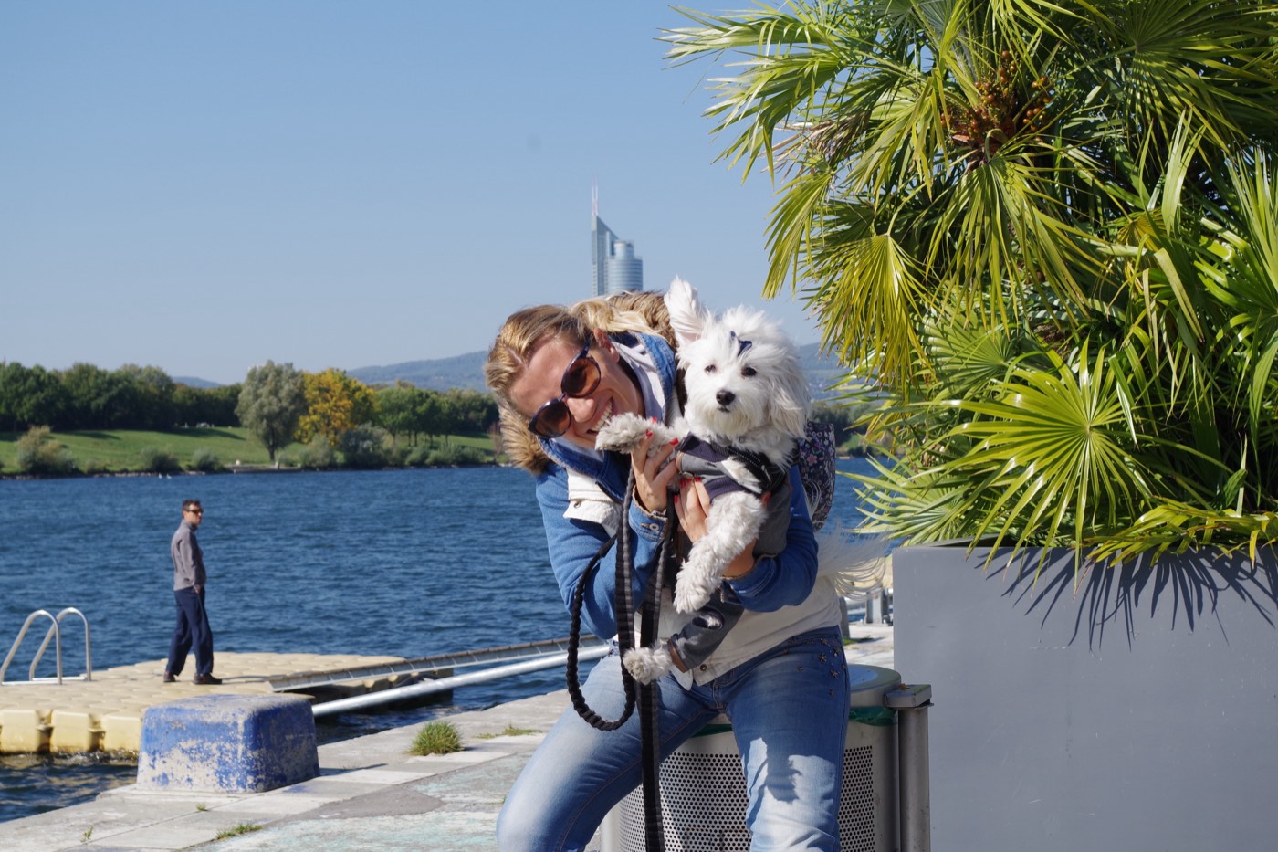 The founder of Pet Travel Advisor with Mila on the Vienna waterfront